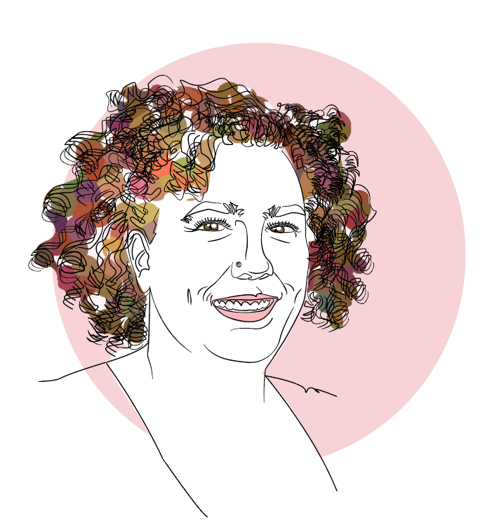 A funky, colorful illustration of Julian: a smiling white woman with curly hair and warm eyes.
